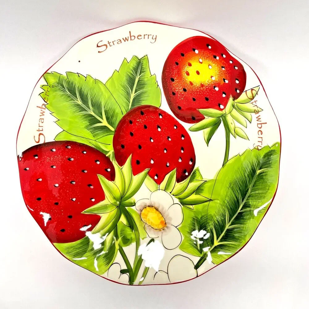 Pier 1 Imports Strawberry 11” Ceramic Cake Stand & 9.5” Server Hand Painted-Excl